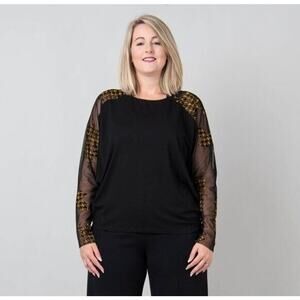 Alembika Black Yellow Check Mesh Top Long Sleeve Blouse Discontinued Size Medium